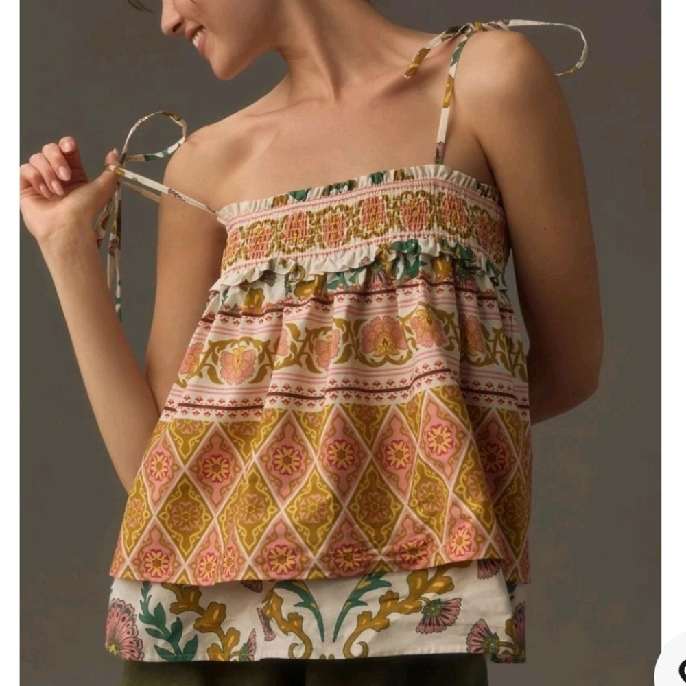 Sarah Hann Floral Babydoll Smocked Cotton Tank‎ Top Yellow Pink Large